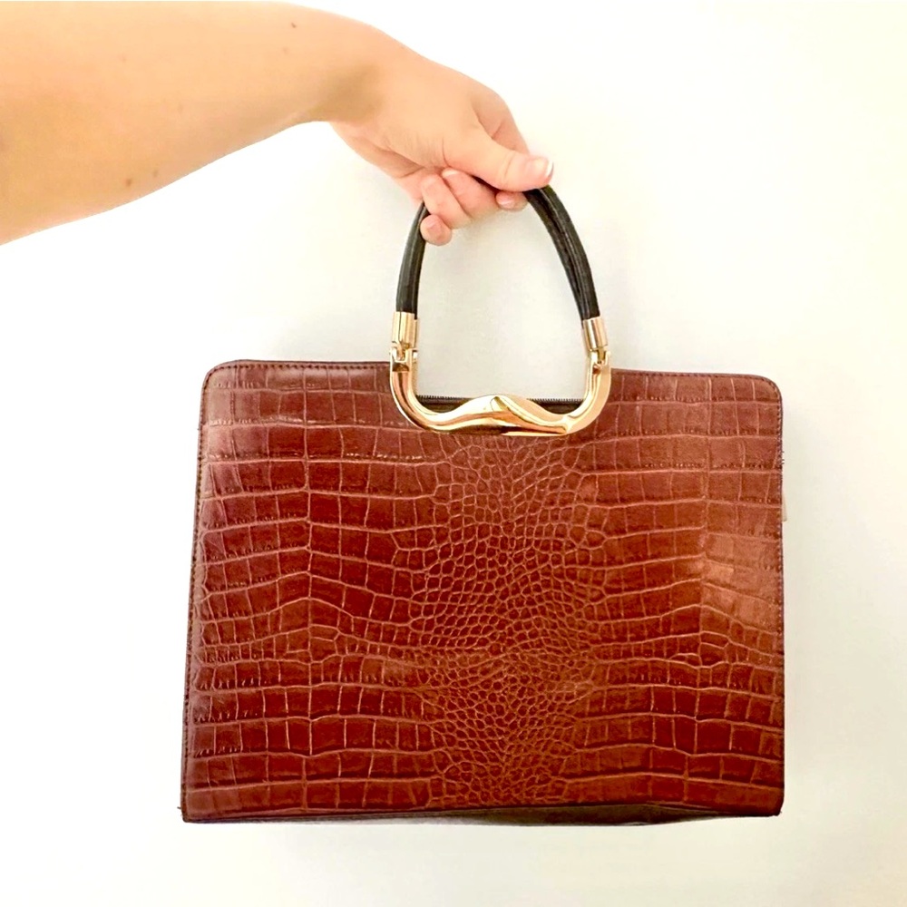 Snakeskin Red Brown Faux Leather Purse Handbag Gold Trim Structured Classy Bag